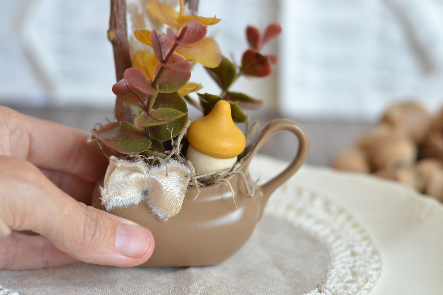 Mini Autumn Floral Arrangement in Ceramic Pitcher F17