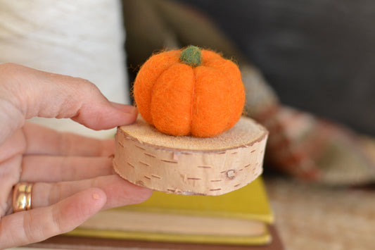 Orange Felt Pumpkin on Log Slice