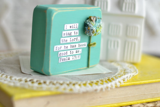 Aqua Blue Psalm 13:6 with Fabric Flower - C16