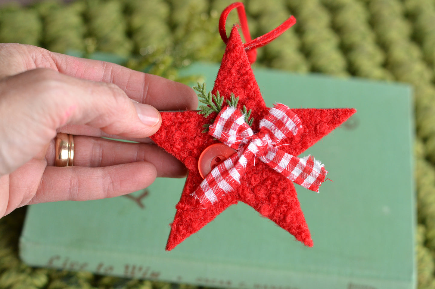 RED BOUCLE Wood Star Ornament