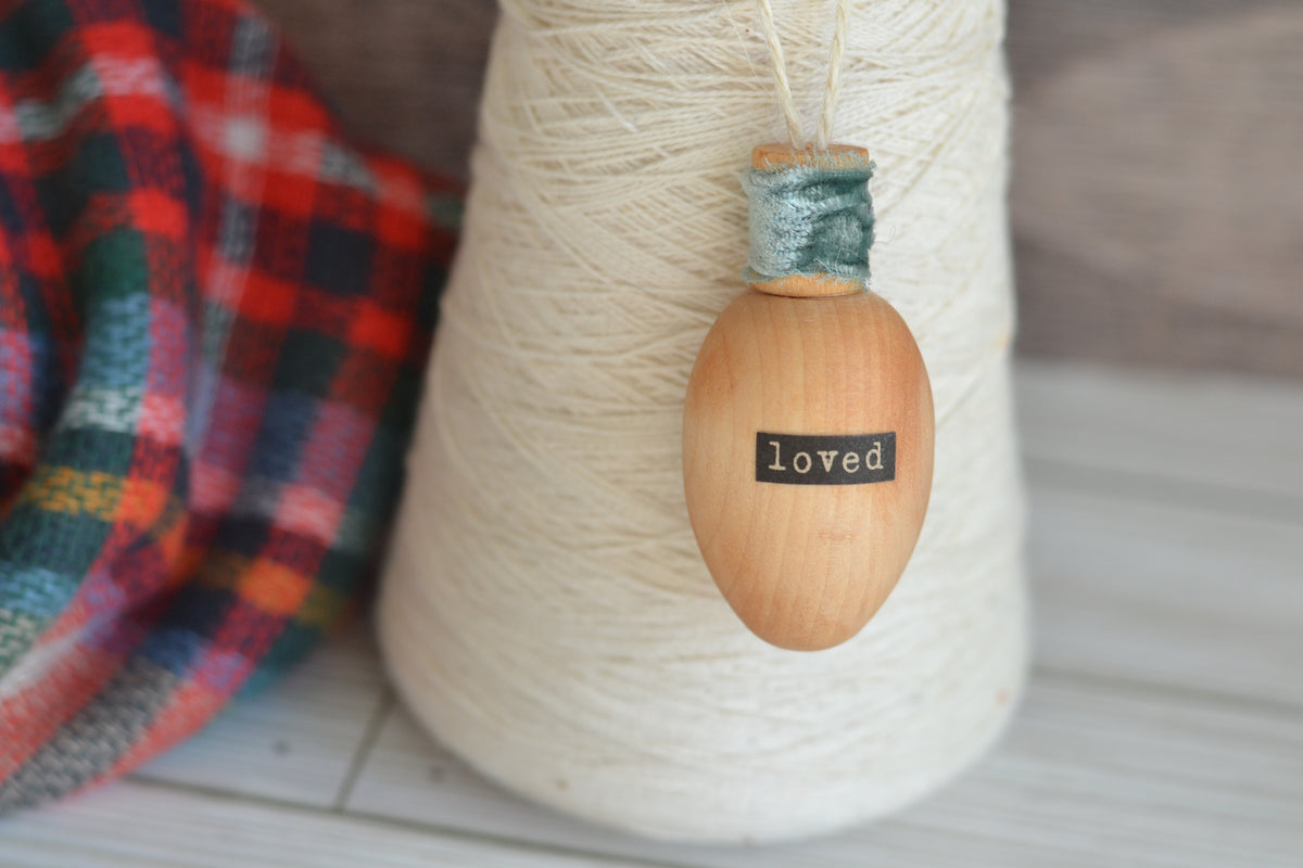 Wood Bulb LOVED Ornament (with velvet)