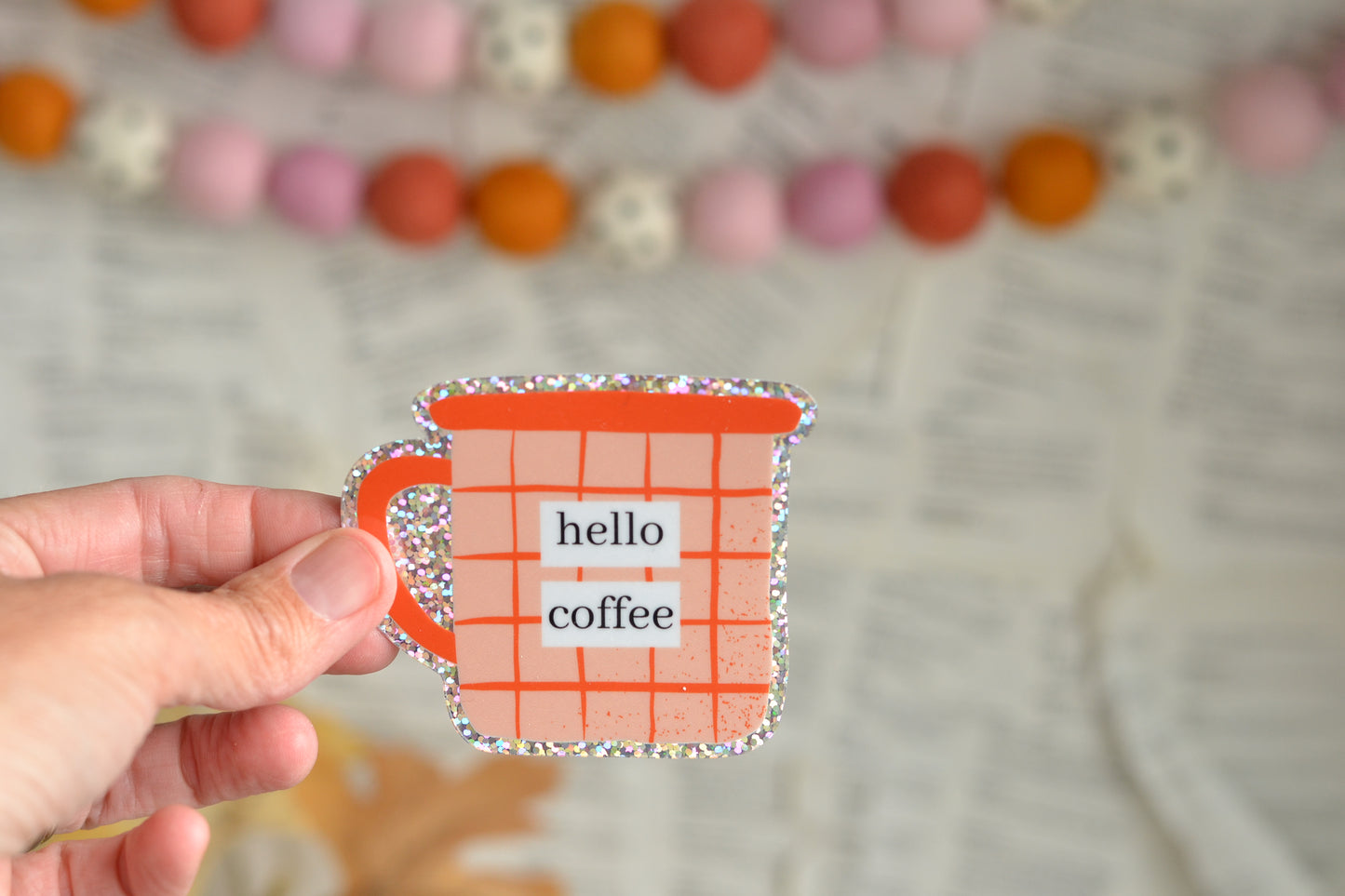 Orange Glitter Hello Coffee Cup Sticker