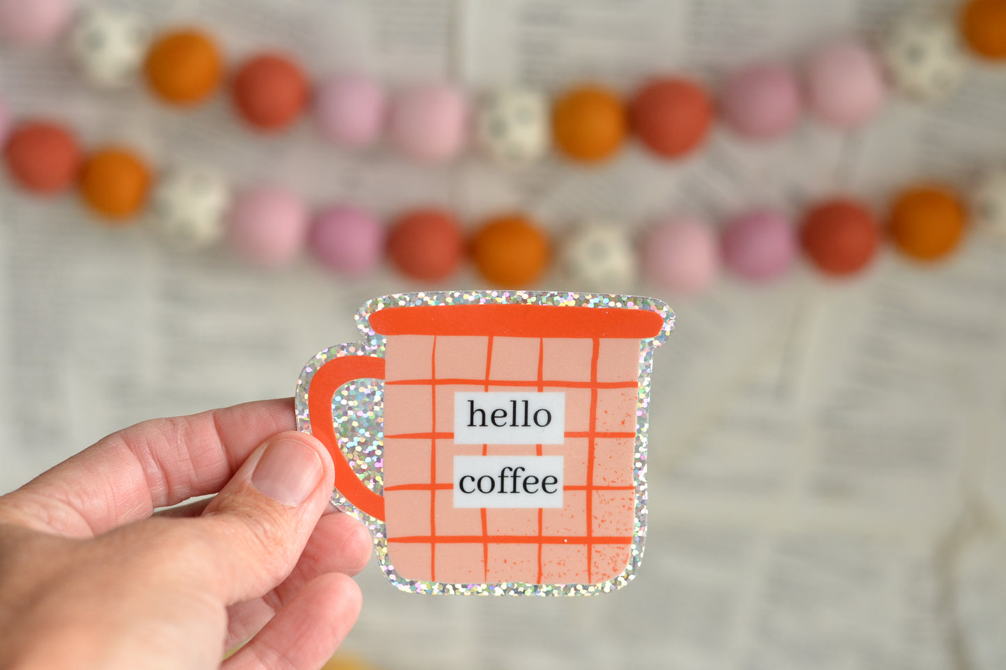 Orange Glitter Hello Coffee Cup Sticker