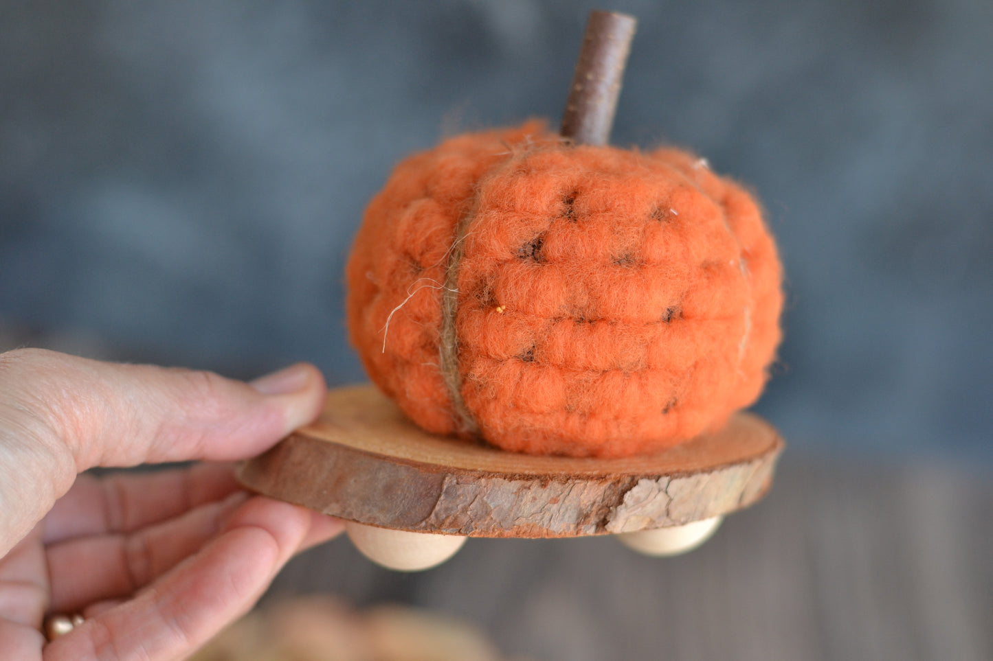 Orange Textured Pumpkin on a Log slice Pedestal F28