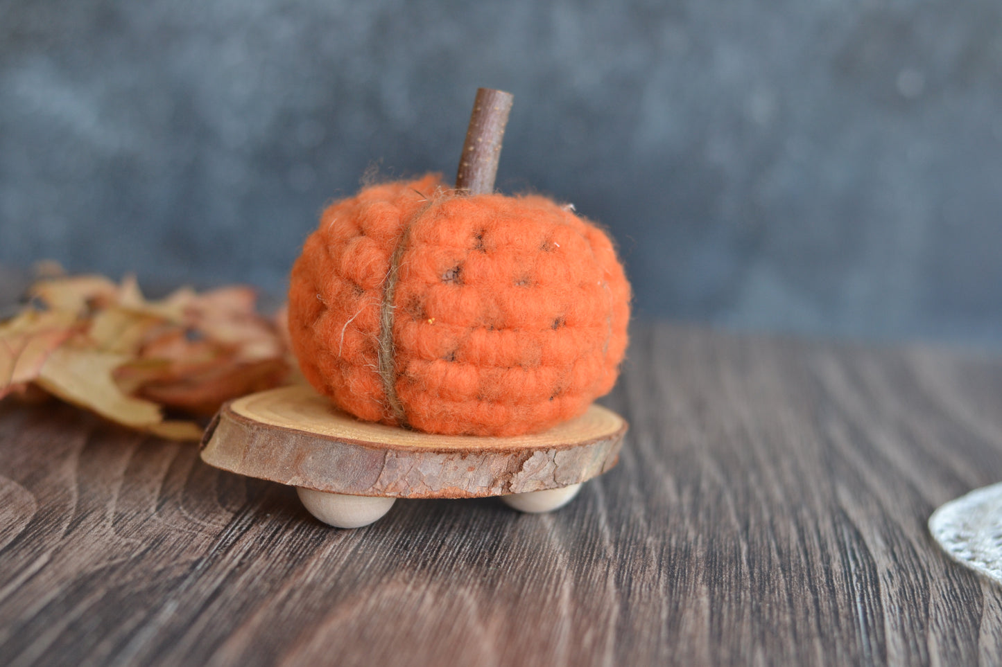 Orange Textured Pumpkin on a Log slice Pedestal F28