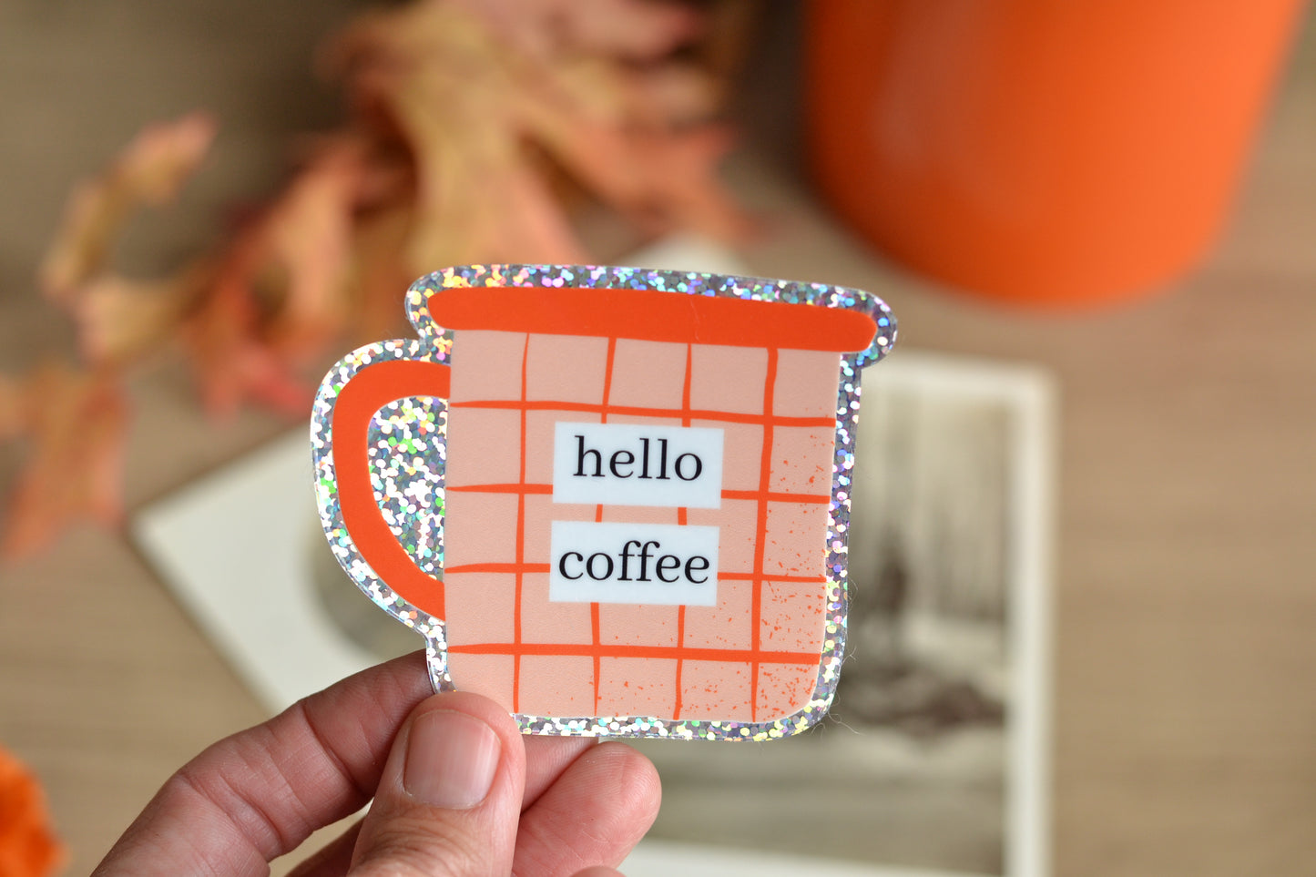 Orange Glitter Hello Coffee Cup Sticker