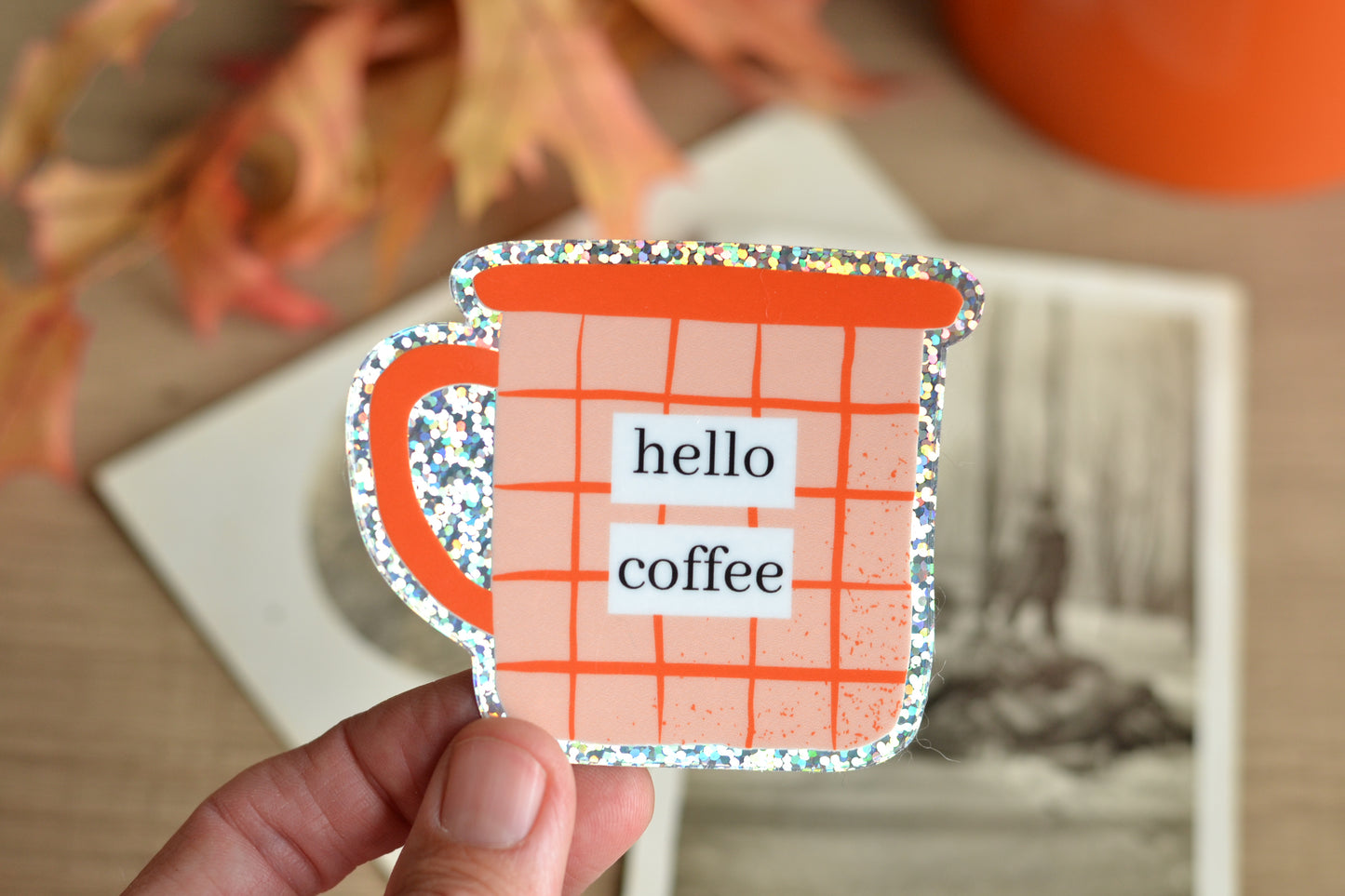 Orange Glitter Hello Coffee Cup Sticker