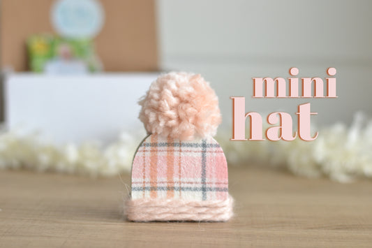 Mini Pink Wood Beanie with the Fluffiest Pom. Plaid Winter Shelf Sitter