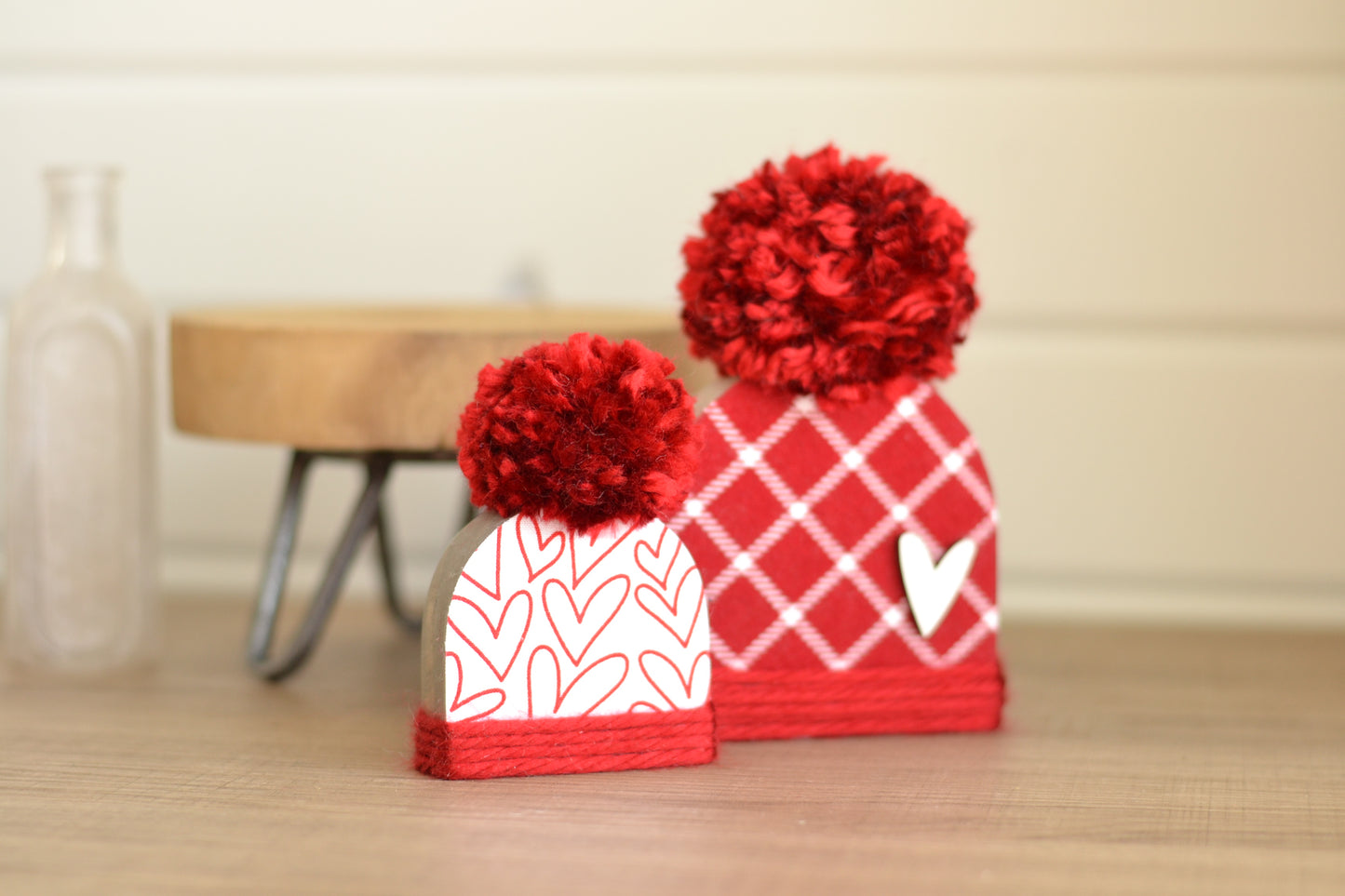 Red Flannel Wood Beanie with the Fluffiest Pom. Plaid Winter Shelf Sitter