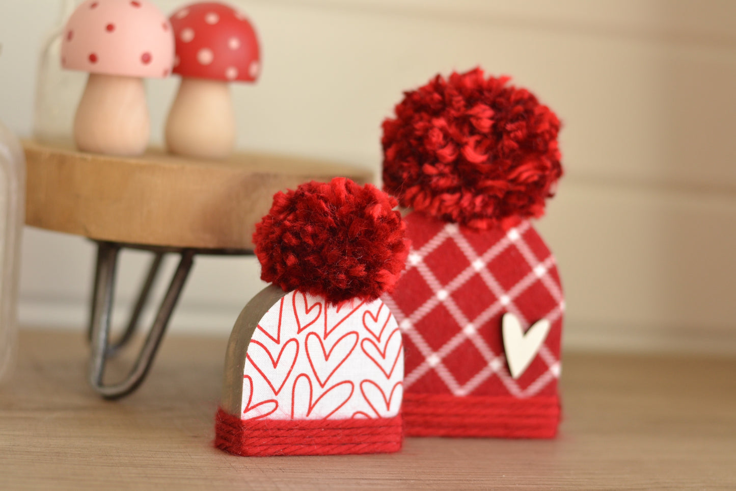 Red Flannel Wood Beanie with the Fluffiest Pom. Plaid Winter Shelf Sitter