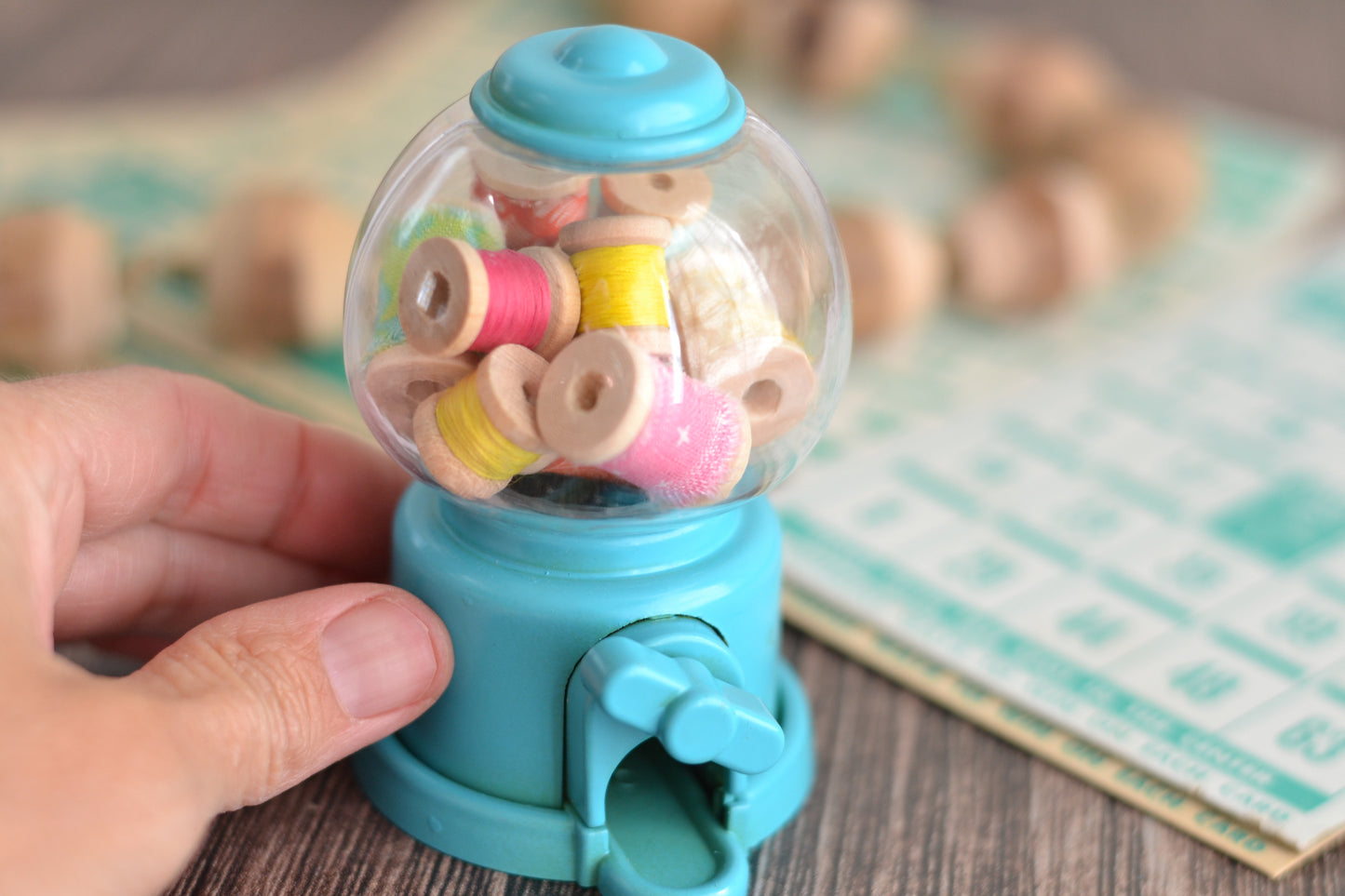 Turquoise Gum Ball Dispenser with the cutest spools