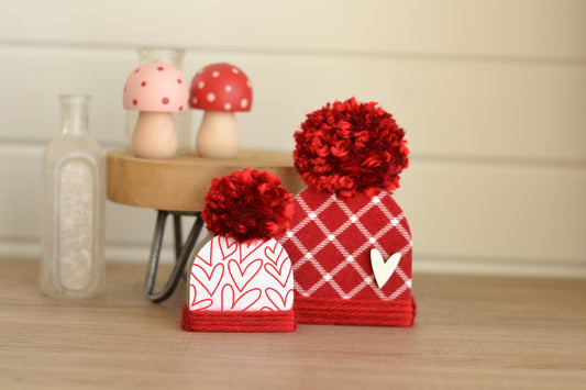 Red Flannel Wood Beanie with the Fluffiest Pom. Plaid Winter Shelf Sitter