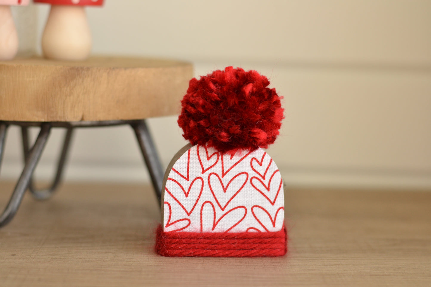 Red Flannel Wood Beanie with the Fluffiest Pom. Plaid Winter Shelf Sitter