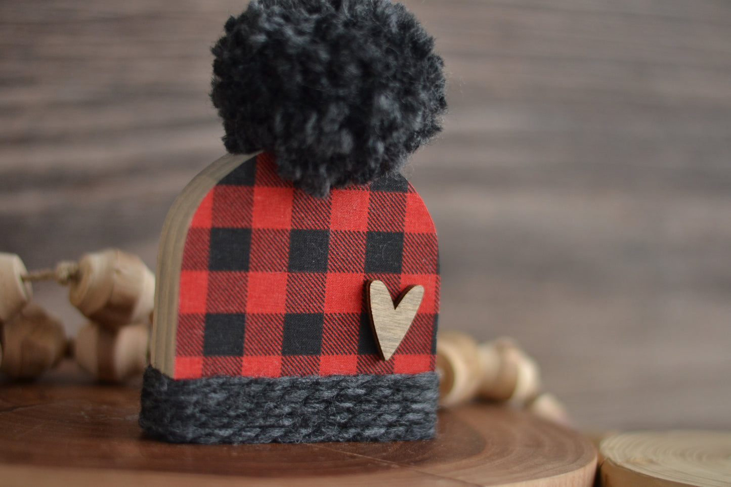 Red and Black Wood Beanie. Plaid Winter Shelf Sitter