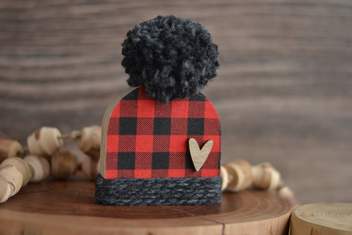 Red and Black Wood Beanie. Plaid Winter Shelf Sitter