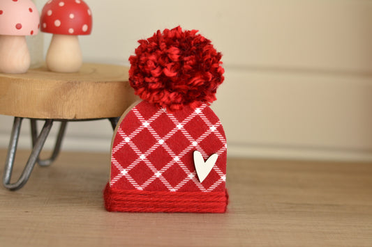 Red Flannel Wood Beanie with the Fluffiest Pom. Plaid Winter Shelf Sitter