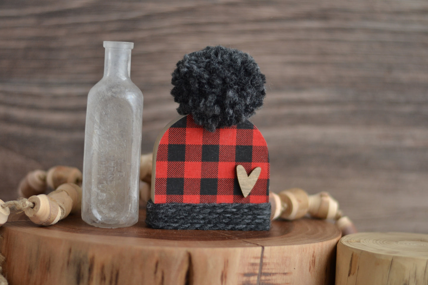 Red and Black Wood Beanie. Plaid Winter Shelf Sitter