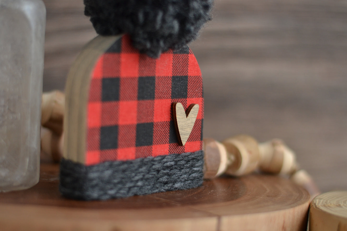 Red and Black Wood Beanie. Plaid Winter Shelf Sitter