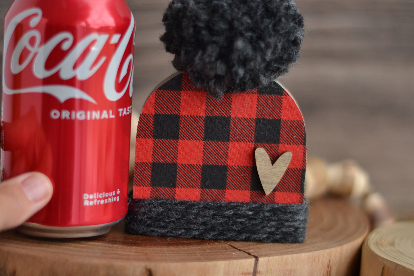 Red and Black Wood Beanie. Plaid Winter Shelf Sitter