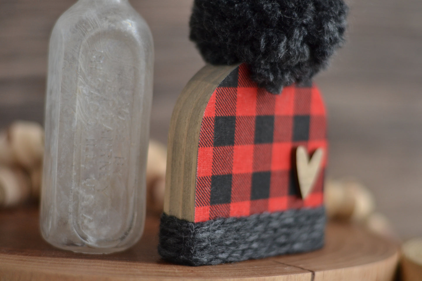 Red and Black Wood Beanie. Plaid Winter Shelf Sitter