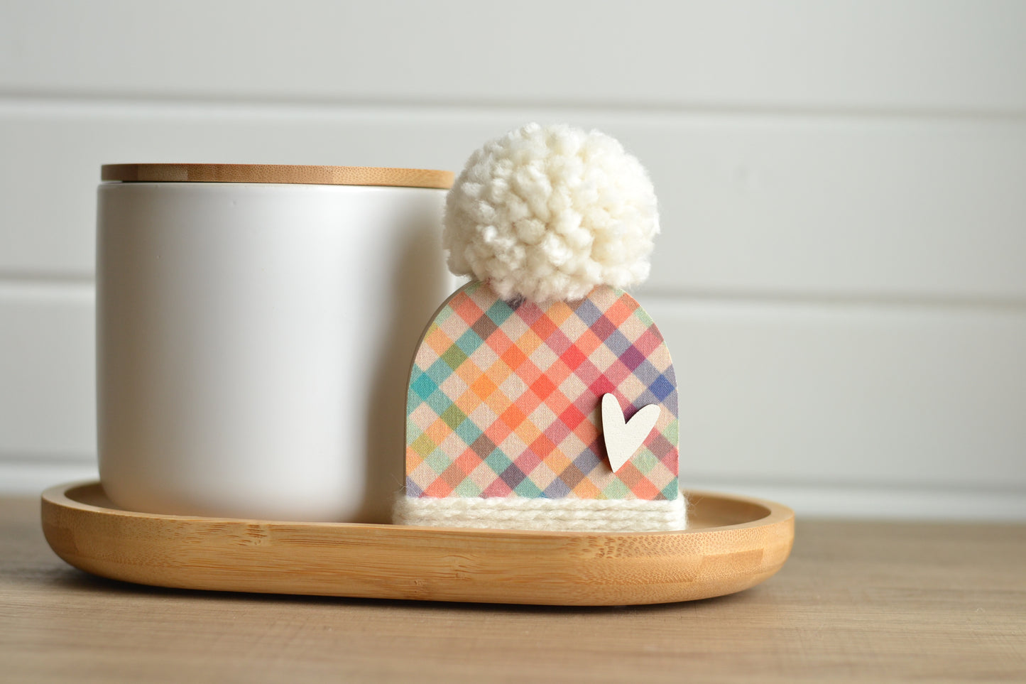 Rainbow Wood Beanie with the Fluffiest Pom. Plaid Winter Shelf Sitter