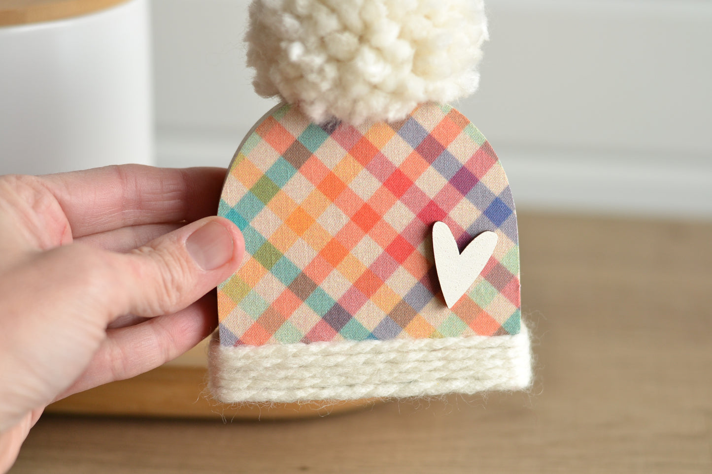 Rainbow Wood Beanie with the Fluffiest Pom. Plaid Winter Shelf Sitter