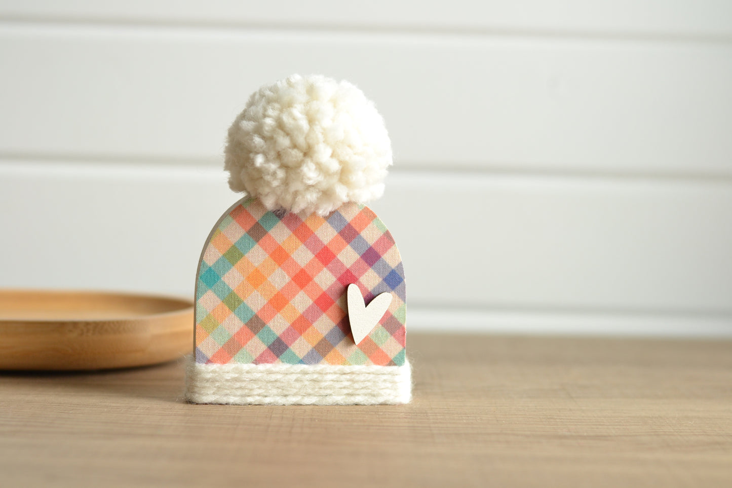 Rainbow Wood Beanie with the Fluffiest Pom. Plaid Winter Shelf Sitter