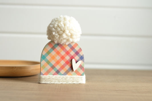 Rainbow Wood Beanie with the Fluffiest Pom. Plaid Winter Shelf Sitter