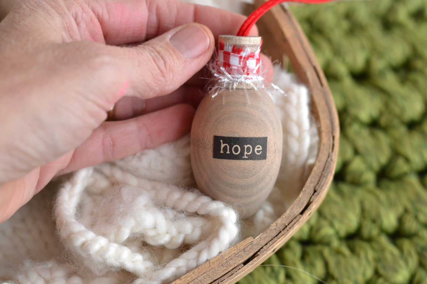 RED GINGHAM Stained Wood Bulb Ornament - Hope