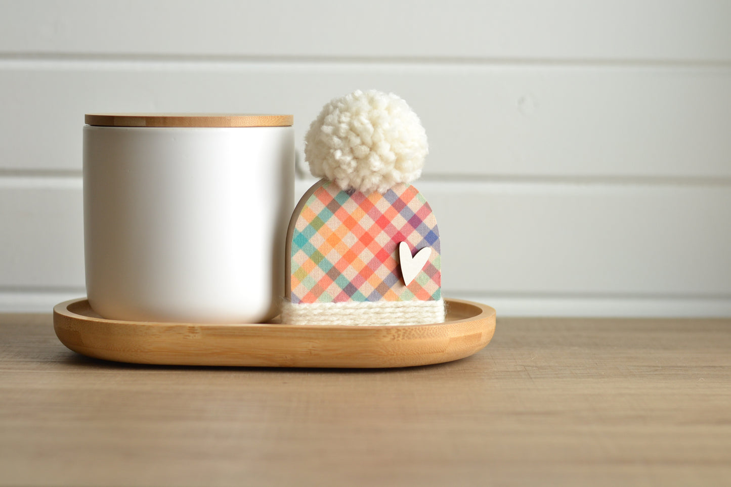 Rainbow Wood Beanie with the Fluffiest Pom. Plaid Winter Shelf Sitter