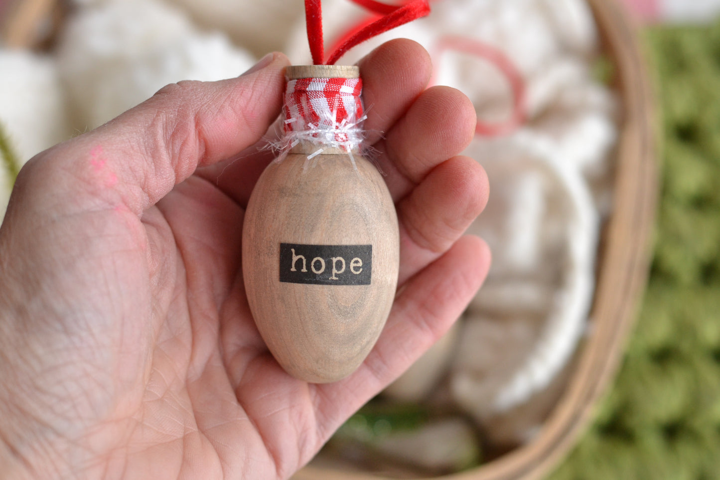 RED GINGHAM Stained Wood Bulb Ornament - Hope