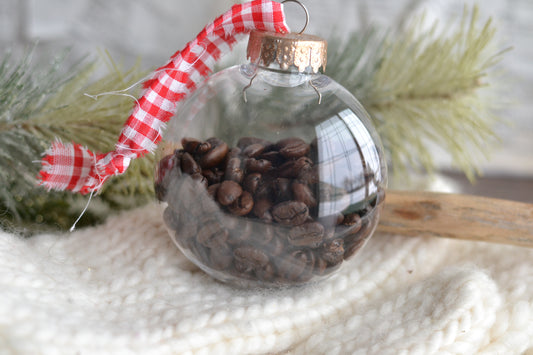 Coffee Bean Ornament with Red Gingham Hanger