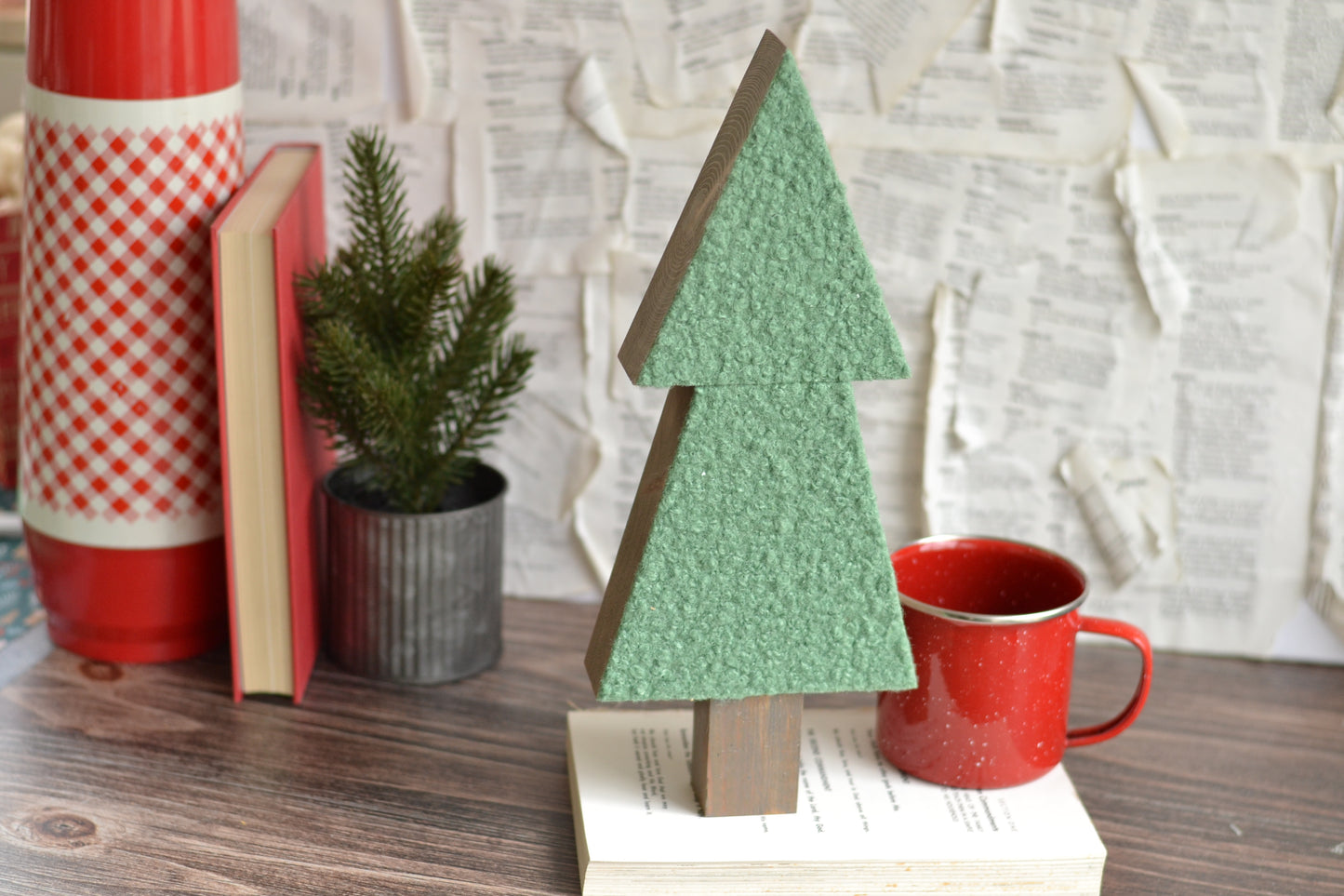 Sage Christmas Green Boucle Wood Tree - 12" Tall