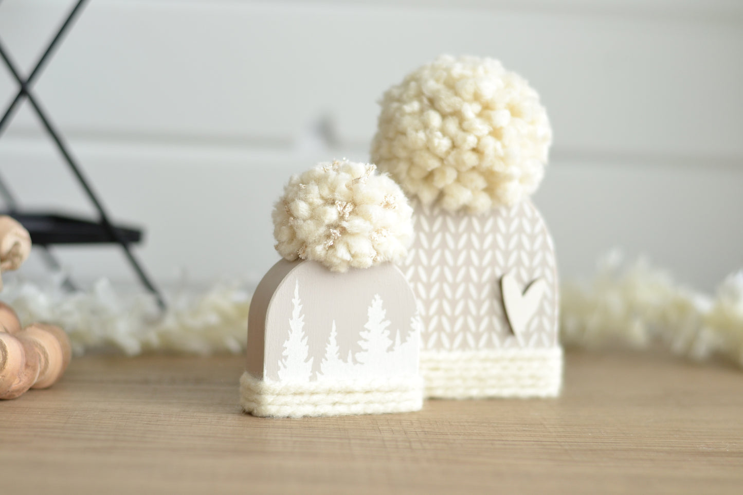 Tan Wood Beanie with the Fluffiest Pom. Plaid Winter Shelf Sitter