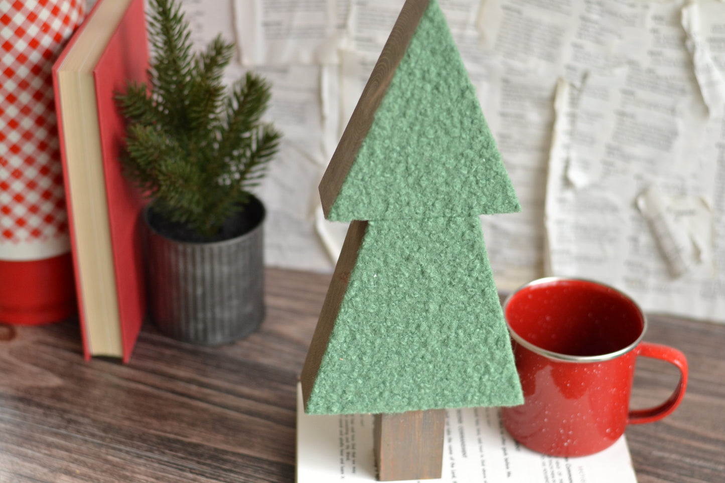 Sage Christmas Green Boucle Wood Tree - 12" Tall