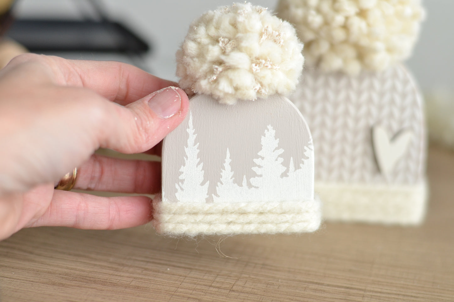 Tan Wood Beanie with the Fluffiest Pom. Plaid Winter Shelf Sitter