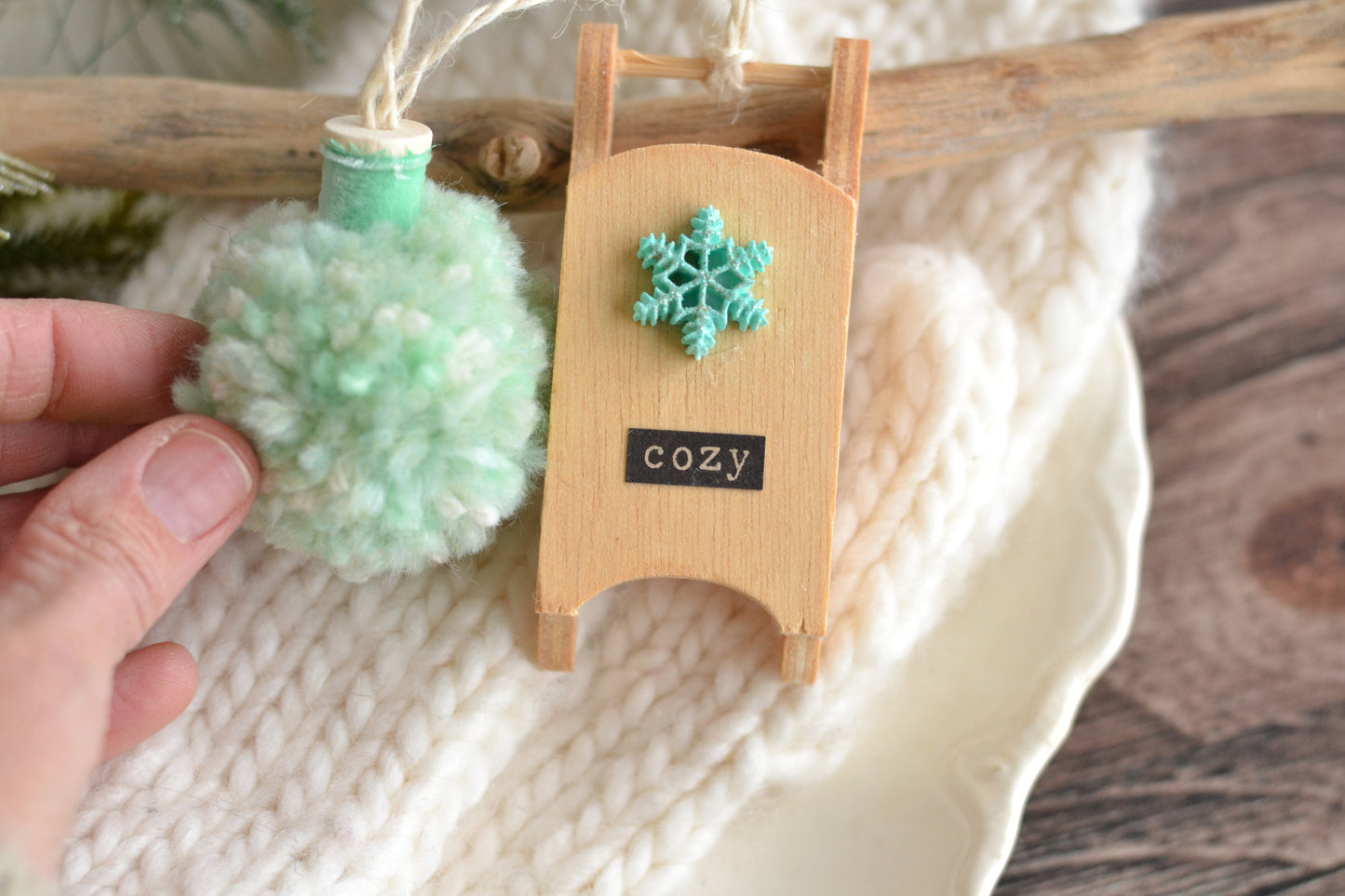 Mint Sled Ornament + Pom Pom Ornament SET