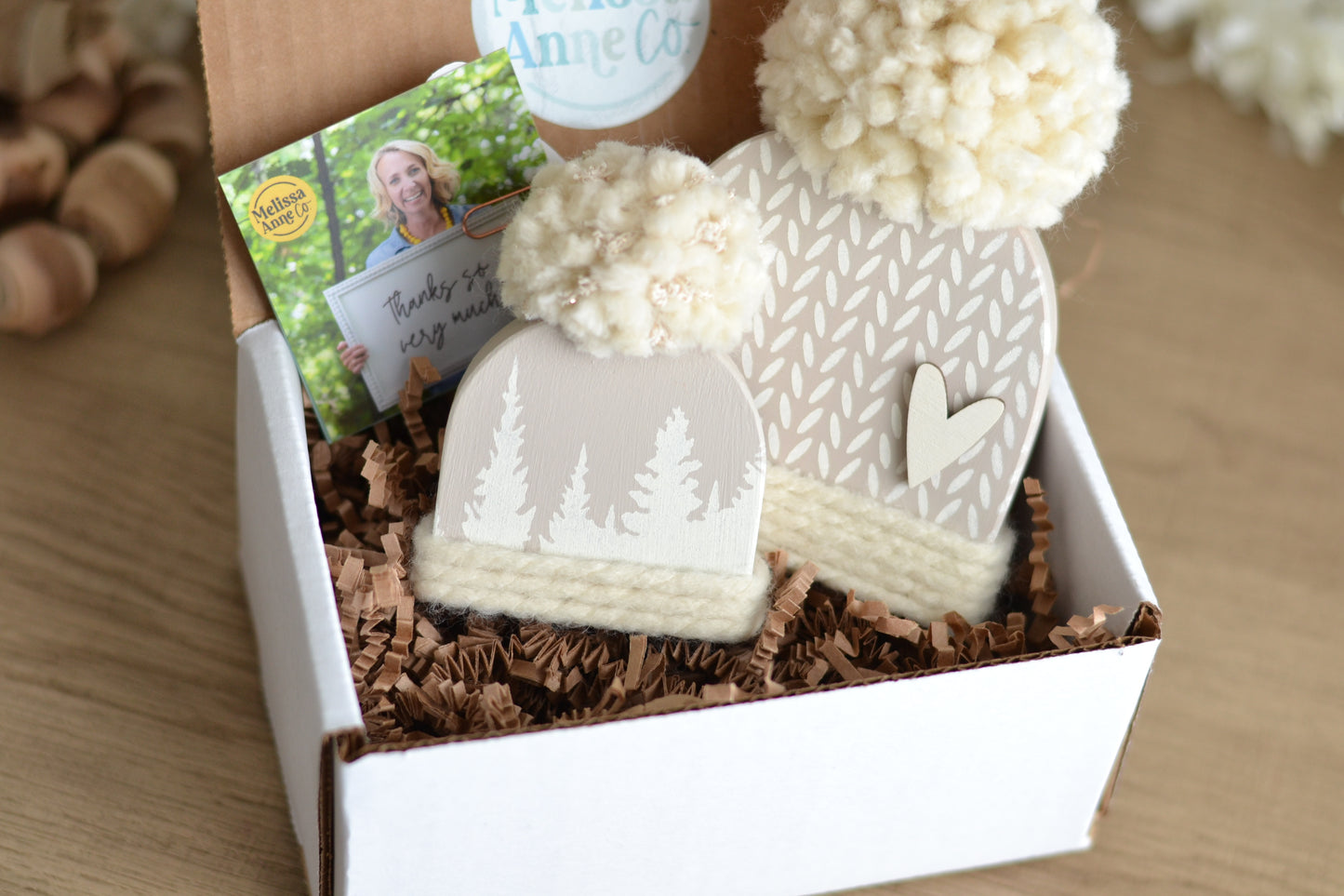 Tan Wood Beanie with the Fluffiest Pom. Plaid Winter Shelf Sitter