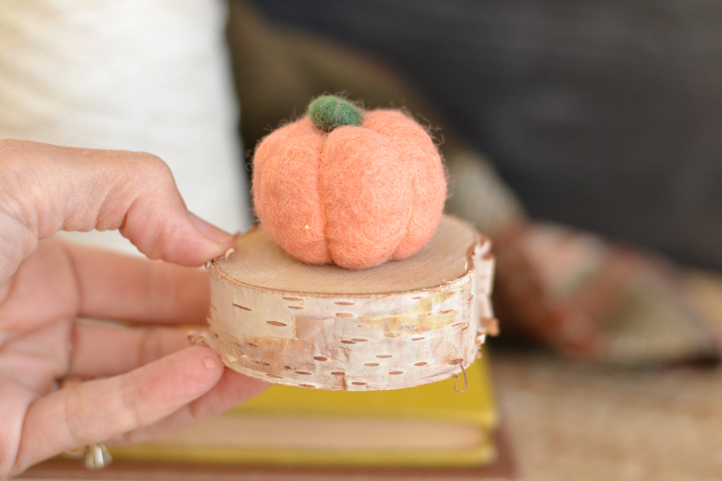 Blush Felt Pumpkin on Log Slice