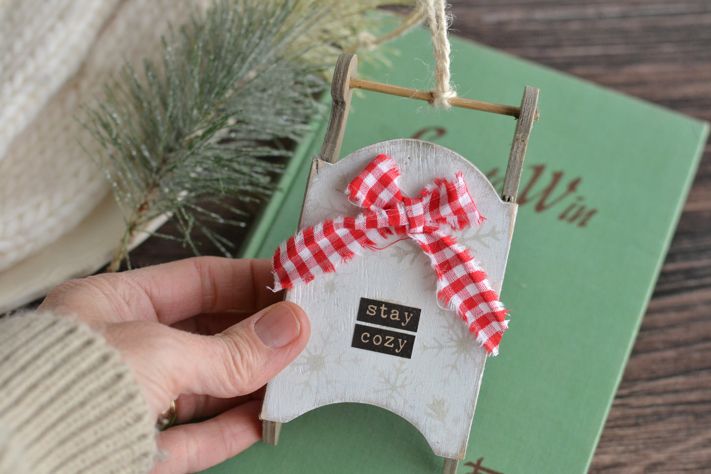RED GINGHAM BOW Sled Ornament