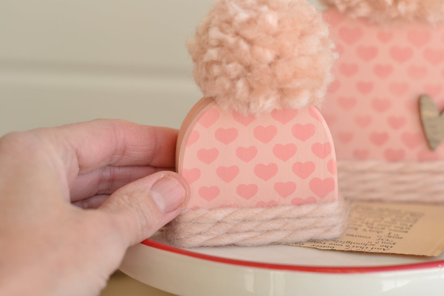 Pink Wood Beanie with the Fluffiest Pom. Pink Winter Shelf Sitter