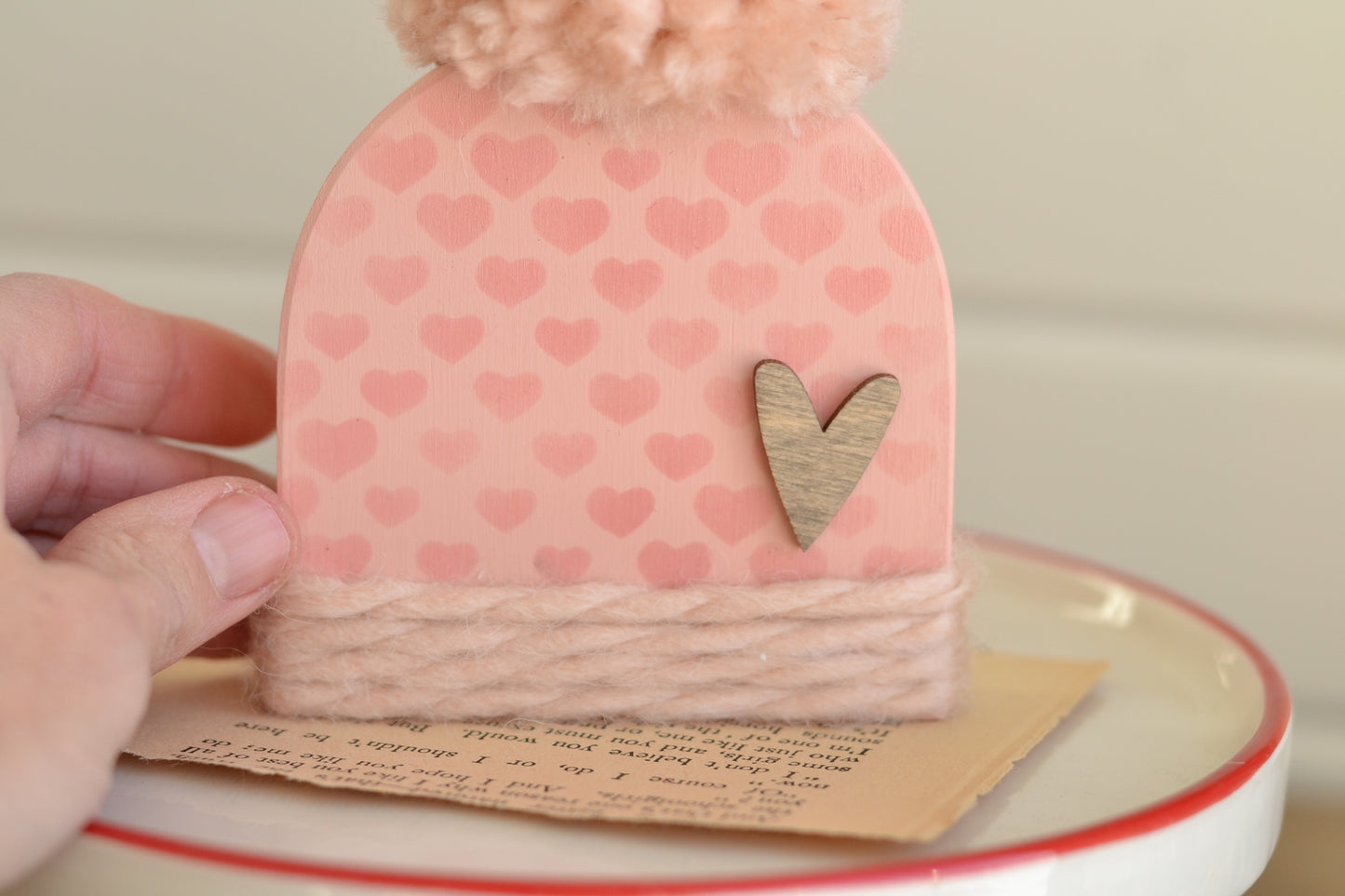 Pink Wood Beanie with the Fluffiest Pom. Pink Winter Shelf Sitter