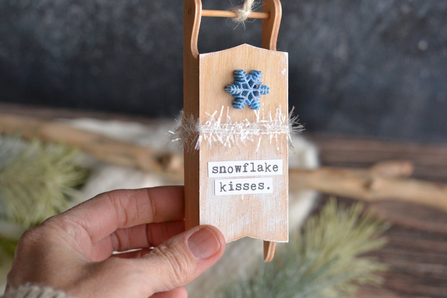 BLUE Sled Ornament - Snowflake Kisses