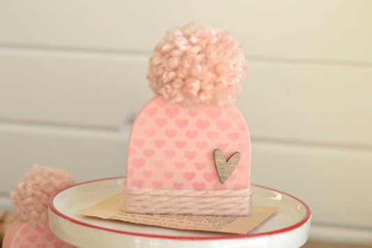 Pink Wood Beanie with the Fluffiest Pom. Pink Winter Shelf Sitter