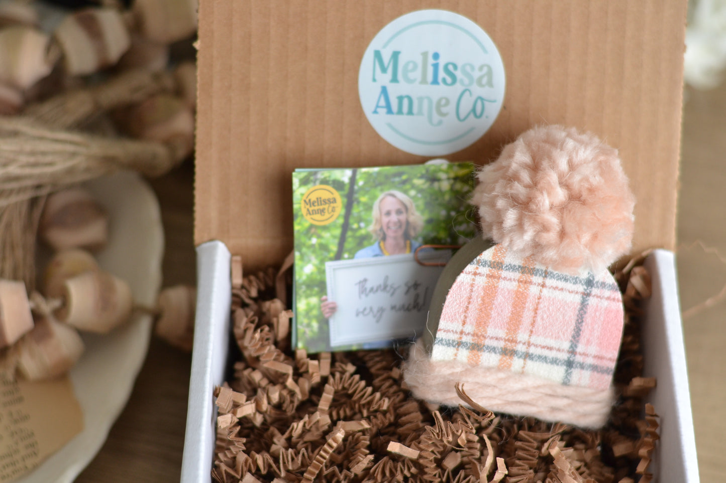 Mini Pink Wood Beanie with the Fluffiest Pom. Plaid Winter Shelf Sitter