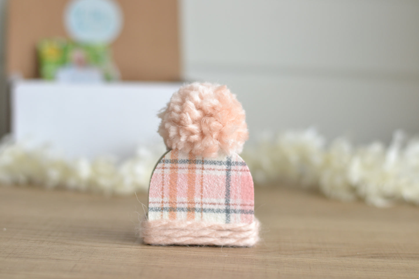 Mini Pink Wood Beanie with the Fluffiest Pom. Plaid Winter Shelf Sitter