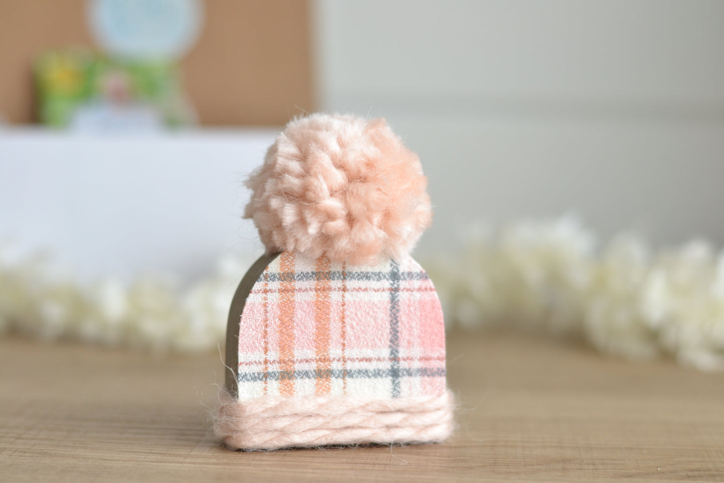 Mini Pink Wood Beanie with the Fluffiest Pom. Plaid Winter Shelf Sitter