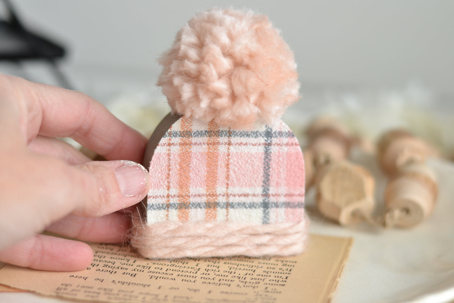 Mini Pink Wood Beanie with the Fluffiest Pom. Plaid Winter Shelf Sitter