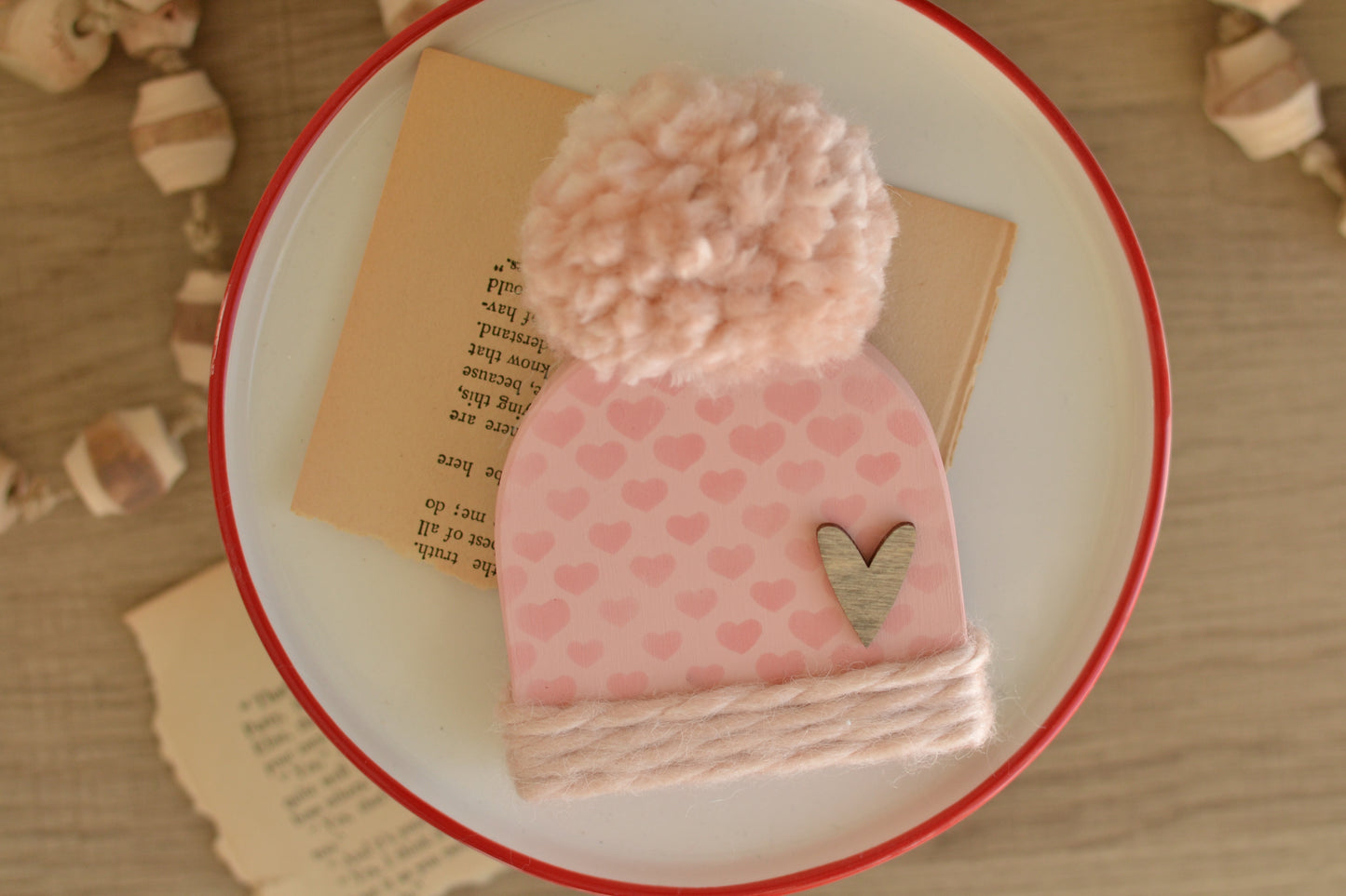 Pink Wood Beanie with the Fluffiest Pom. Pink Winter Shelf Sitter