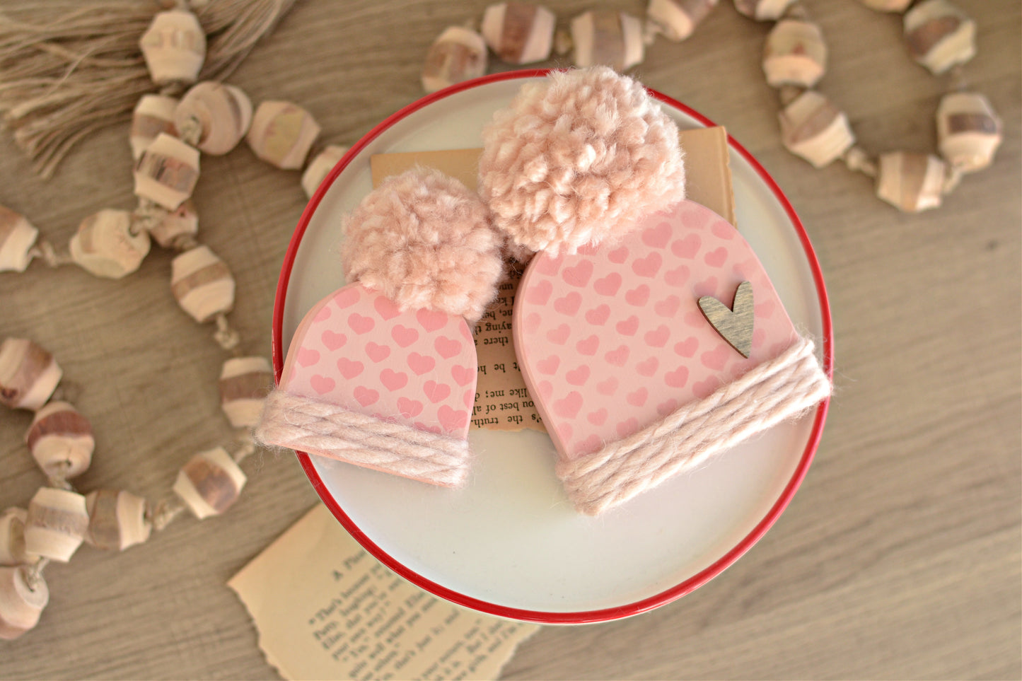 Pink Wood Beanie with the Fluffiest Pom. Pink Winter Shelf Sitter